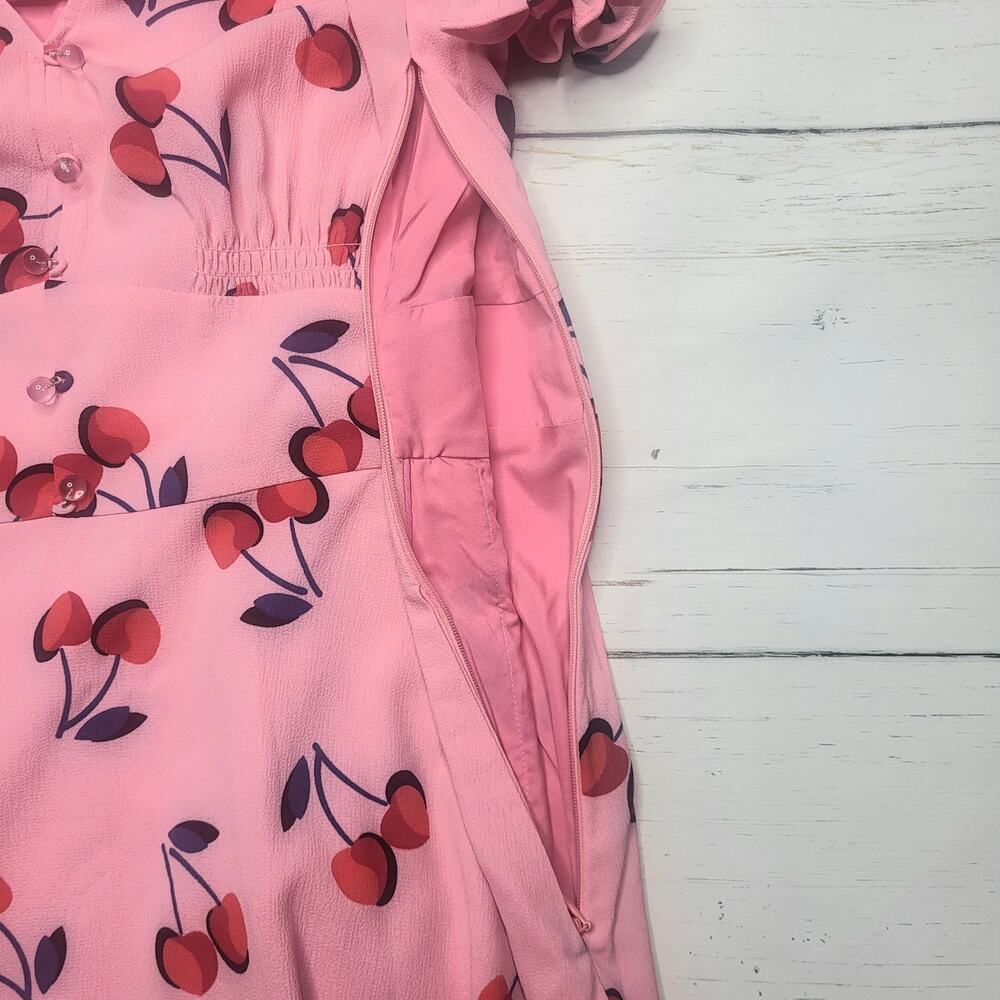 Kate Spade Cherry Toss Puff Sleeve Mini Dress Pink Red V Neck Buttons Small 6 - Picture 9 of 11